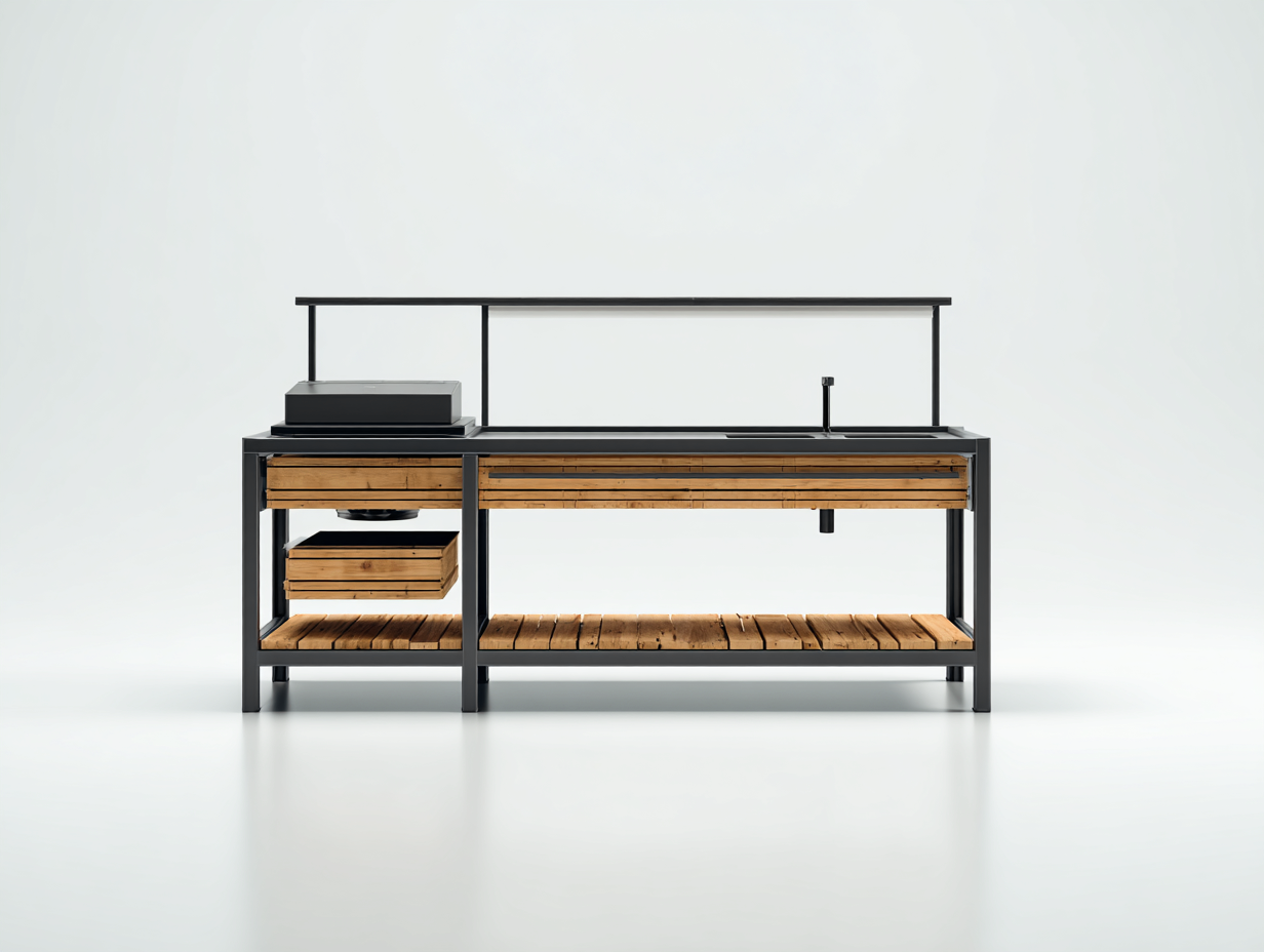 Outdoor Kücheninsel Metall Holz 200x60x150 cm Schwarz Natur industrielles Design-Pineuppad