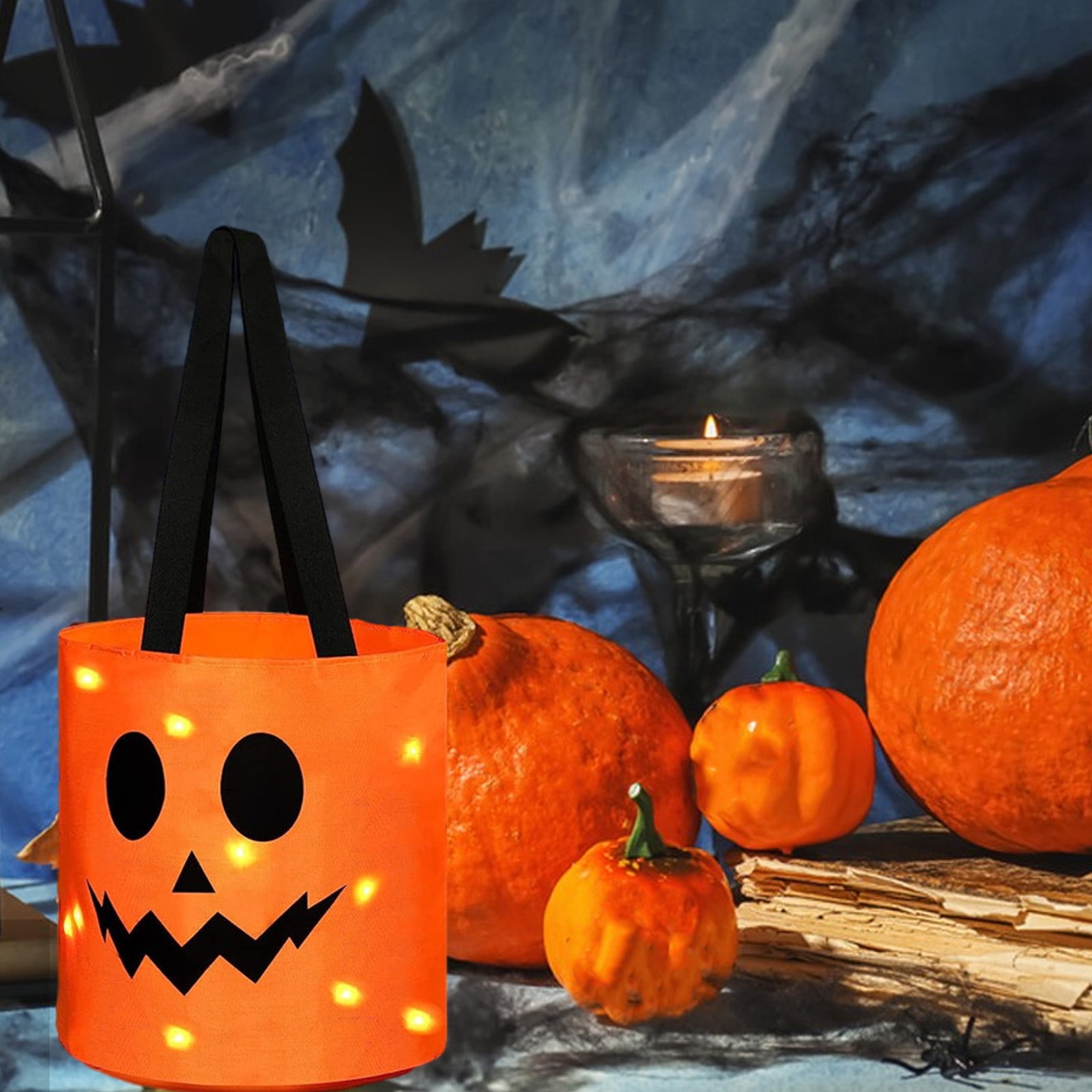LSLJS Halloween Candy Bag,Trick or Treat Bucket,Pumpkin Design Candy Large Bags with LED Light Collapsible Ghost Multipurpose Reusable Halloween Basket for Kids Birthday Party Goodie Goody