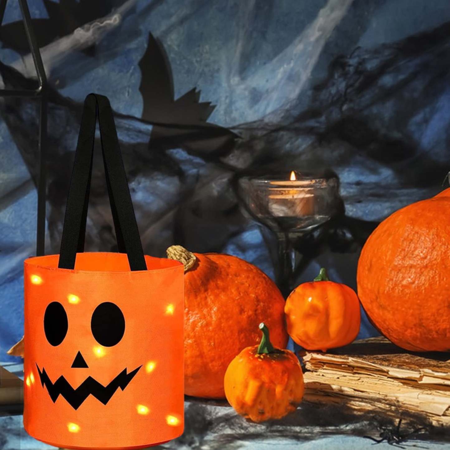 LSLJS Halloween Candy Bag,Trick or Treat Bucket,Pumpkin Design Candy Large Bags with LED Light Collapsible Ghost Multipurpose Reusable Halloween Basket for Kids Birthday Party Goodie Goody