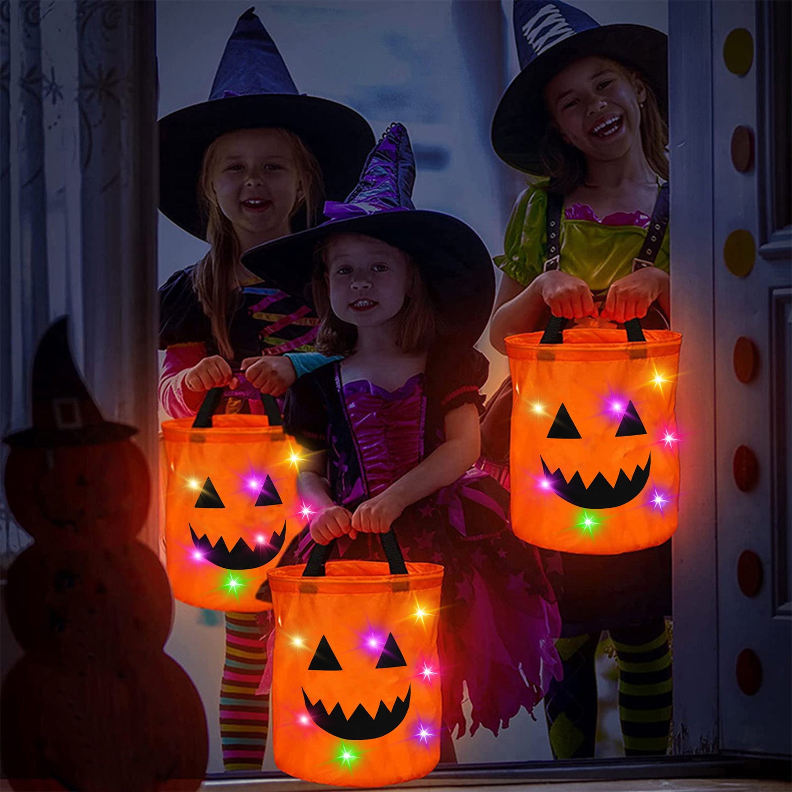 LSLJS Halloween Candy Bag,Trick or Treat Bucket,Pumpkin Design Candy Large Bags with LED Light Collapsible Ghost Multipurpose Reusable Halloween Basket for Kids Birthday Party Goodie Goody