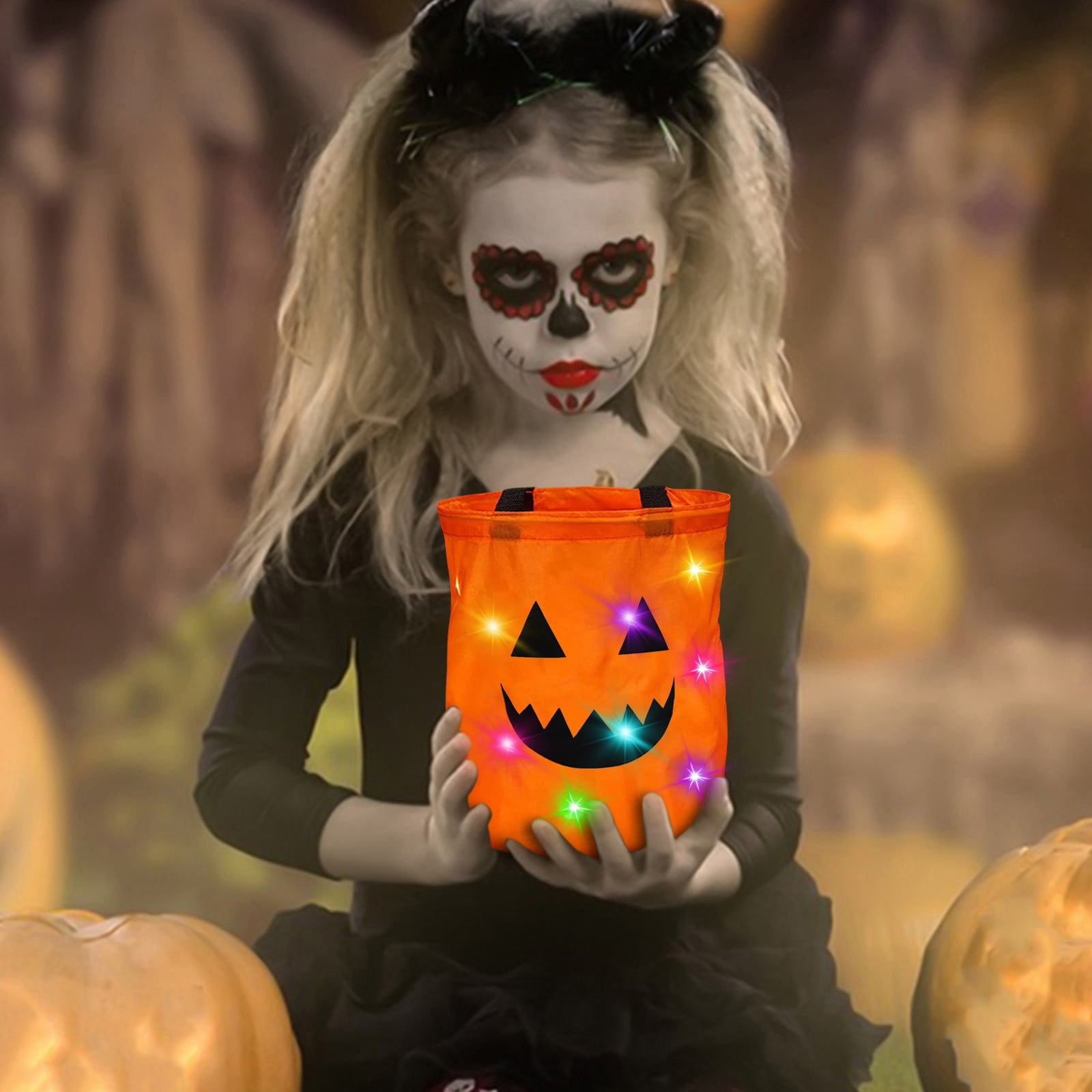 LSLJS Halloween Candy Bag,Trick or Treat Bucket,Pumpkin Design Candy Large Bags with LED Light Collapsible Ghost Multipurpose Reusable Halloween Basket for Kids Birthday Party Goodie Goody