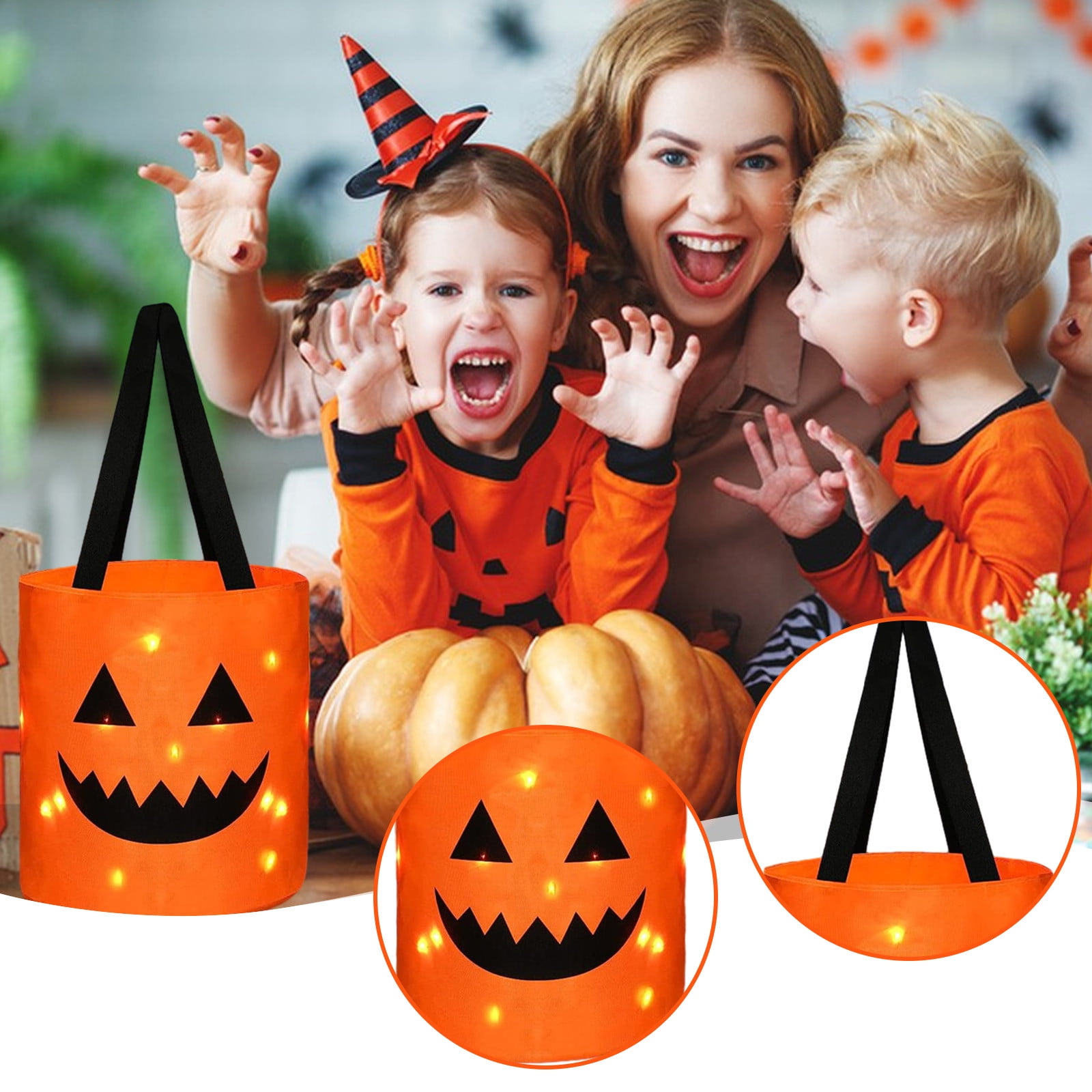 LSLJS Halloween Candy Bag,Trick or Treat Bucket,Pumpkin Design Candy Large Bags with LED Light Collapsible Ghost Multipurpose Reusable Halloween Basket for Kids Birthday Party Goodie Goody