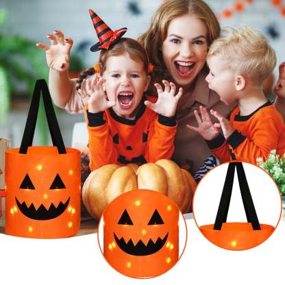 LSLJS Halloween Candy Bag,Trick or Treat Bucket,Pumpkin Design Candy Large Bags with LED Light Collapsible Ghost Multipurpose Reusable Halloween Basket for Kids Birthday Party Goodie Goody