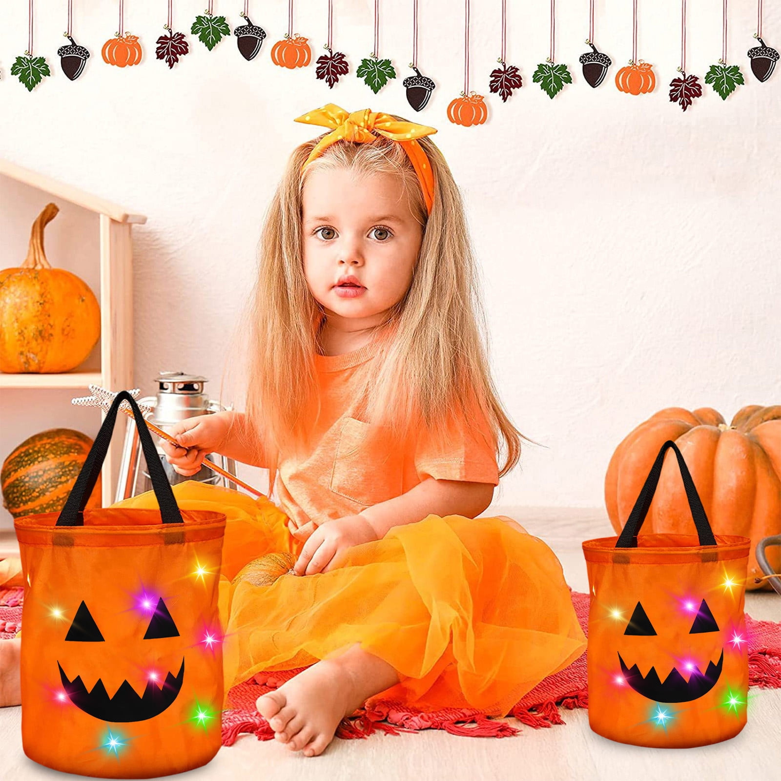 LSLJS Halloween Candy Bag,Trick or Treat Bucket,Pumpkin Design Candy Large Bags with LED Light Collapsible Ghost Multipurpose Reusable Halloween Basket for Kids Birthday Party Goodie Goody