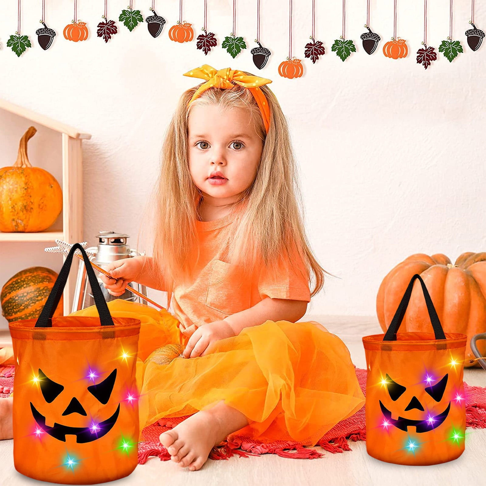 LSLJS Halloween Candy Bag,Trick or Treat Bucket,Pumpkin Design Candy Large Bags with LED Light Collapsible Ghost Multipurpose Reusable Halloween Basket for Kids Birthday Party Goodie Goody