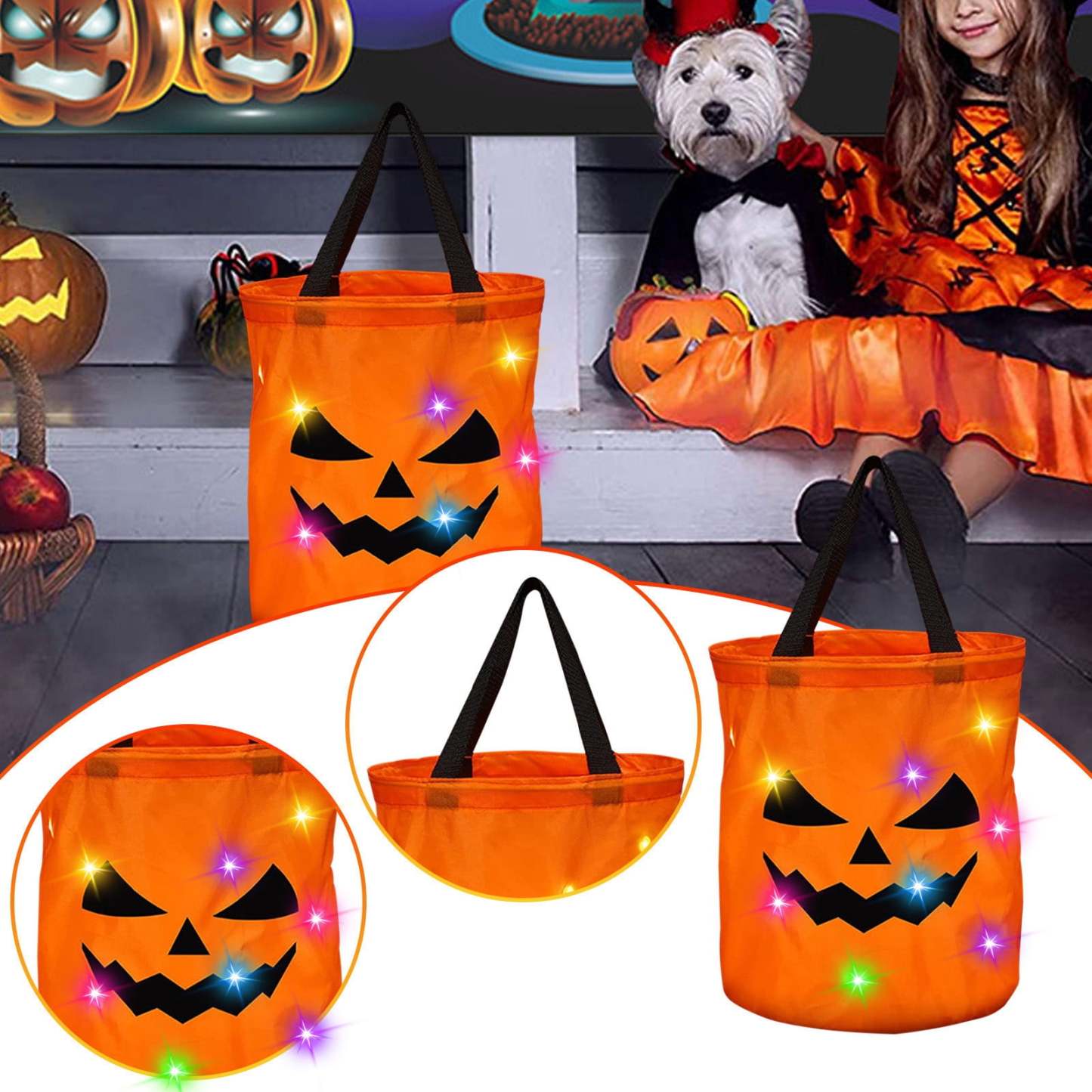LSLJS Halloween Candy Bag,Trick or Treat Bucket,Pumpkin Design Candy Large Bags with LED Light Collapsible Ghost Multipurpose Reusable Halloween Basket for Kids Birthday Party Goodie Goody