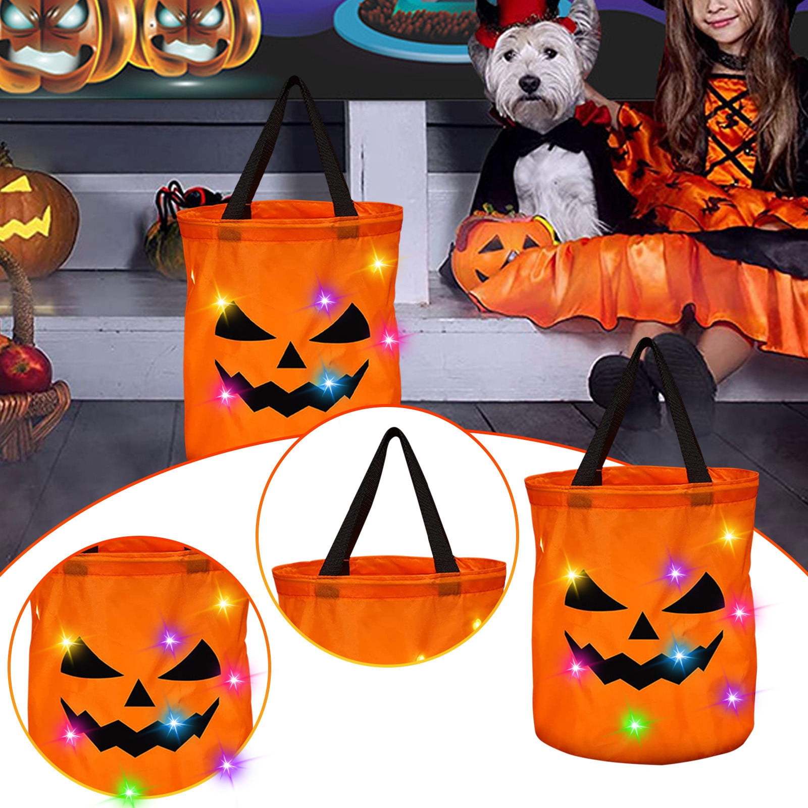 LSLJS Halloween Candy Bag,Trick or Treat Bucket,Pumpkin Design Candy Large Bags with LED Light Collapsible Ghost Multipurpose Reusable Halloween Basket for Kids Birthday Party Goodie Goody