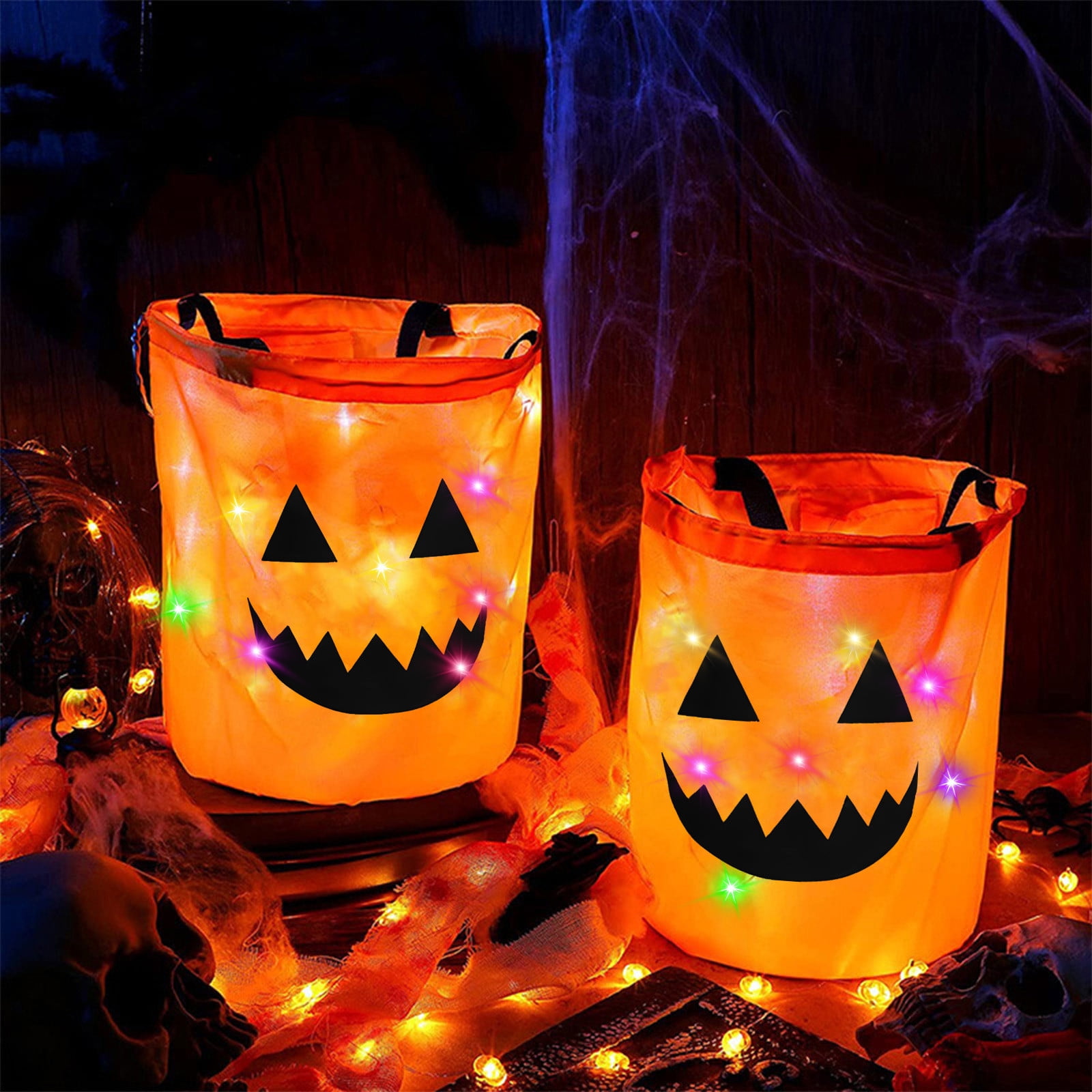 LSLJS Halloween Candy Bag,Trick or Treat Bucket,Pumpkin Design Candy Large Bags with LED Light Collapsible Ghost Multipurpose Reusable Halloween Basket for Kids Birthday Party Goodie Goody