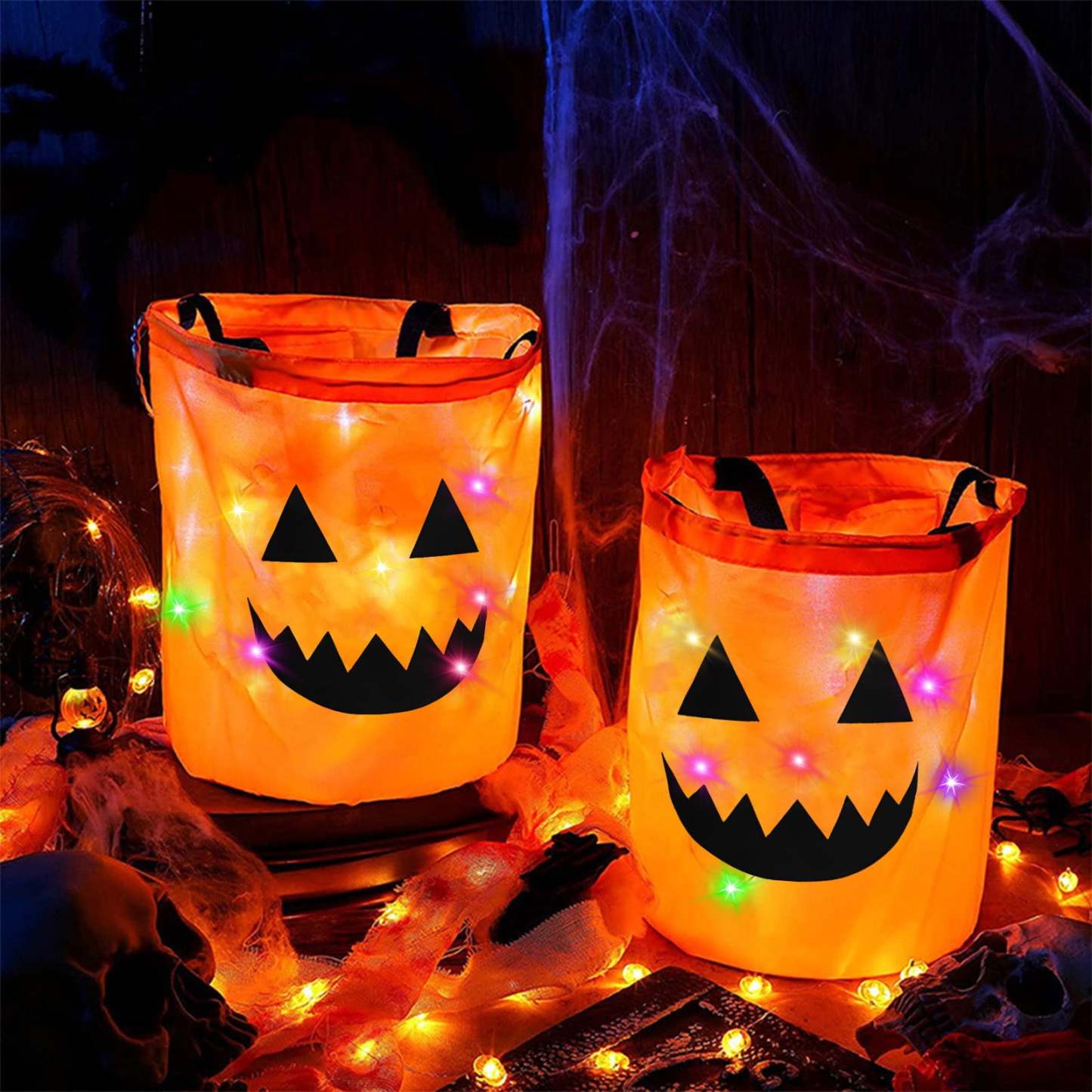 LSLJS Halloween Candy Bag,Trick or Treat Bucket,Pumpkin Design Candy Large Bags with LED Light Collapsible Ghost Multipurpose Reusable Halloween Basket for Kids Birthday Party Goodie Goody