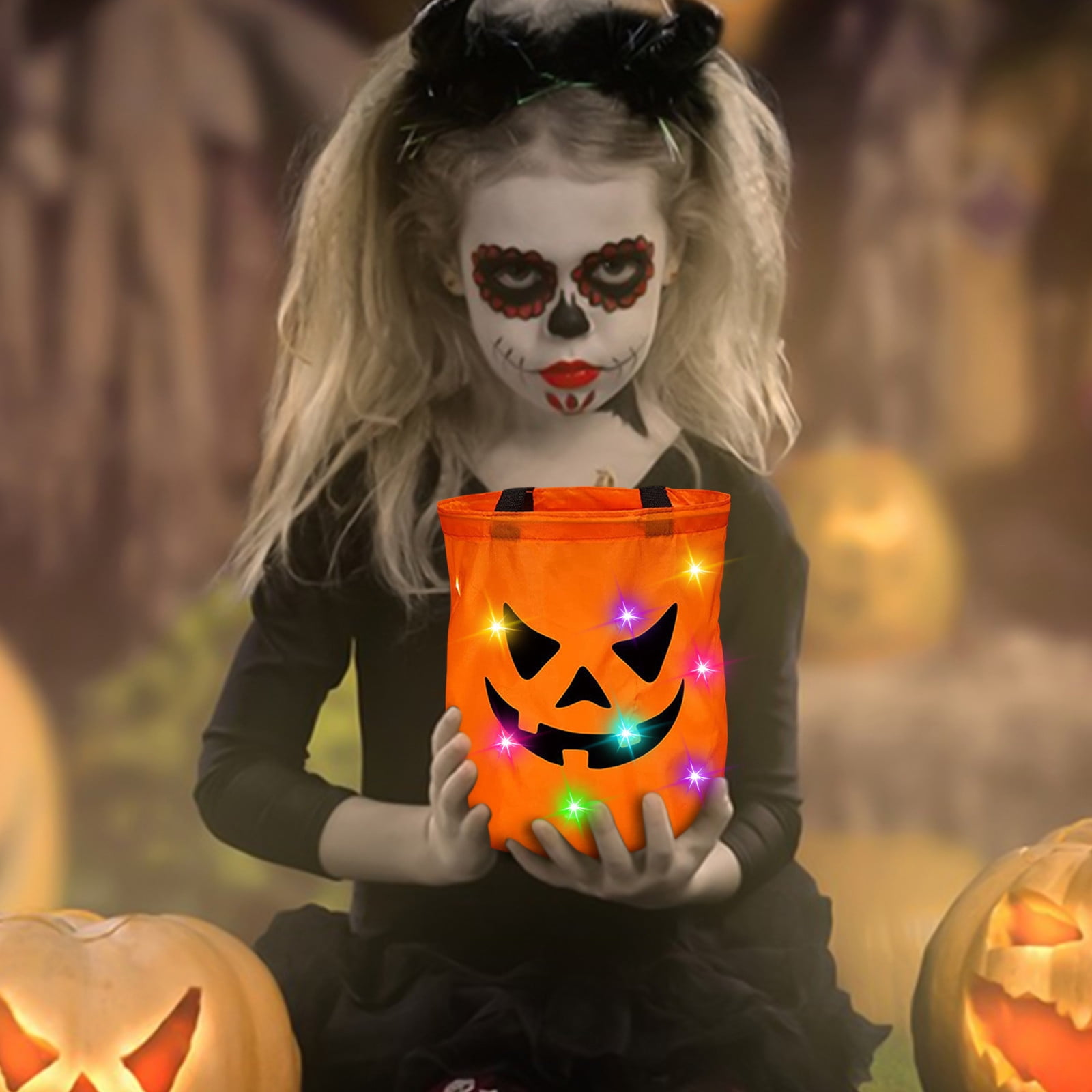 LSLJS Halloween Candy Bag,Trick or Treat Bucket,Pumpkin Design Candy Large Bags with LED Light Collapsible Ghost Multipurpose Reusable Halloween Basket for Kids Birthday Party Goodie Goody