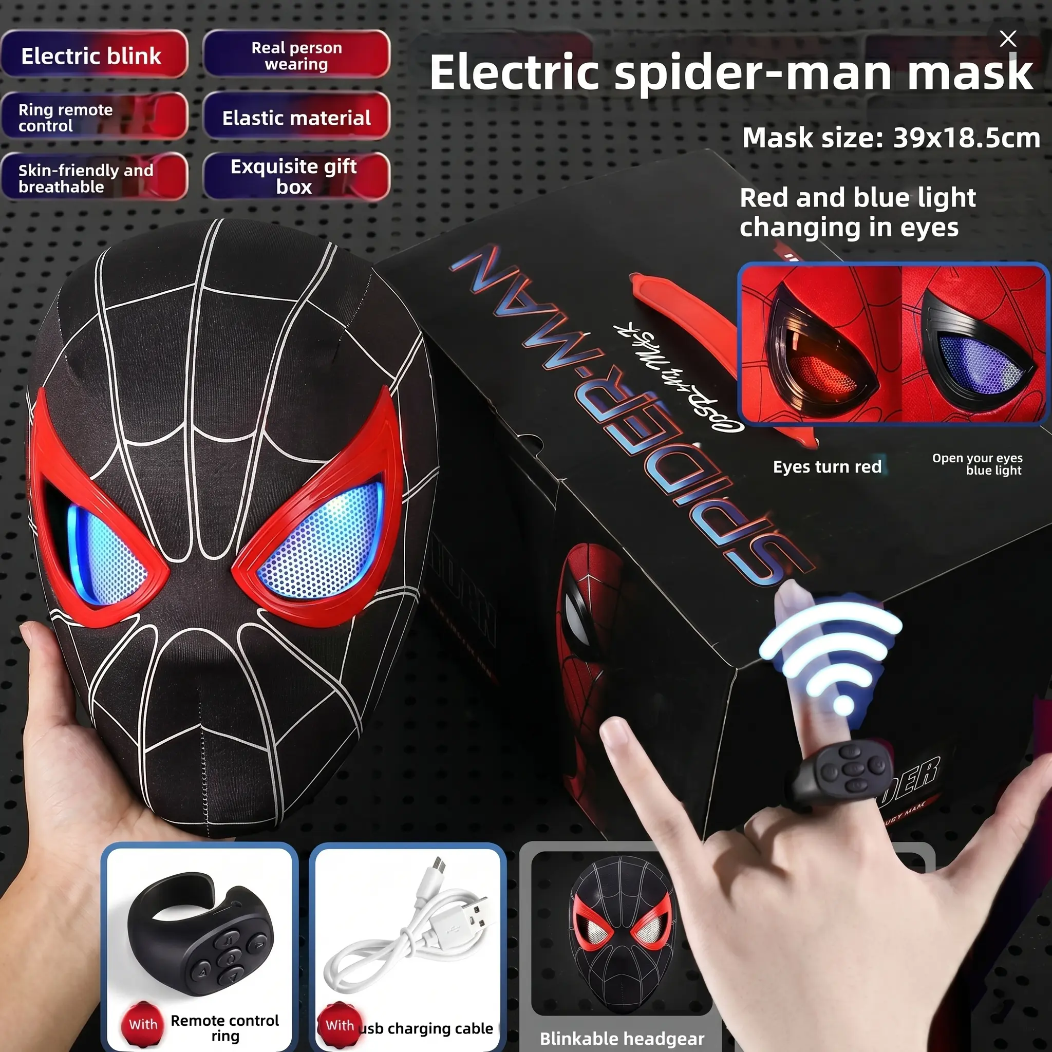 Spider-Man Hero Mask, featuring remote-controlled red and blue lights.