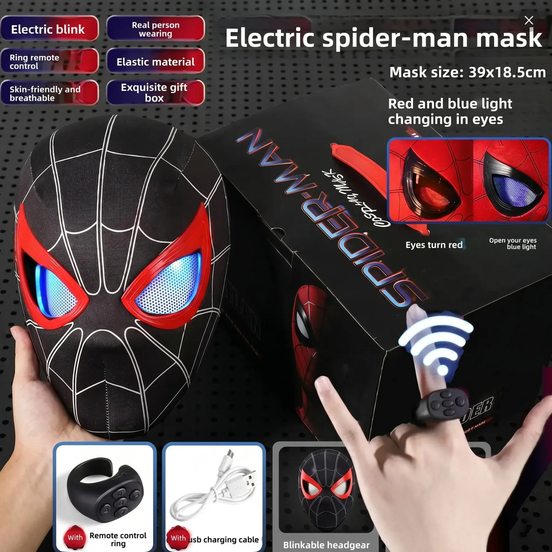 Spider-Man Hero Mask, featuring remote-controlled red and blue lights.