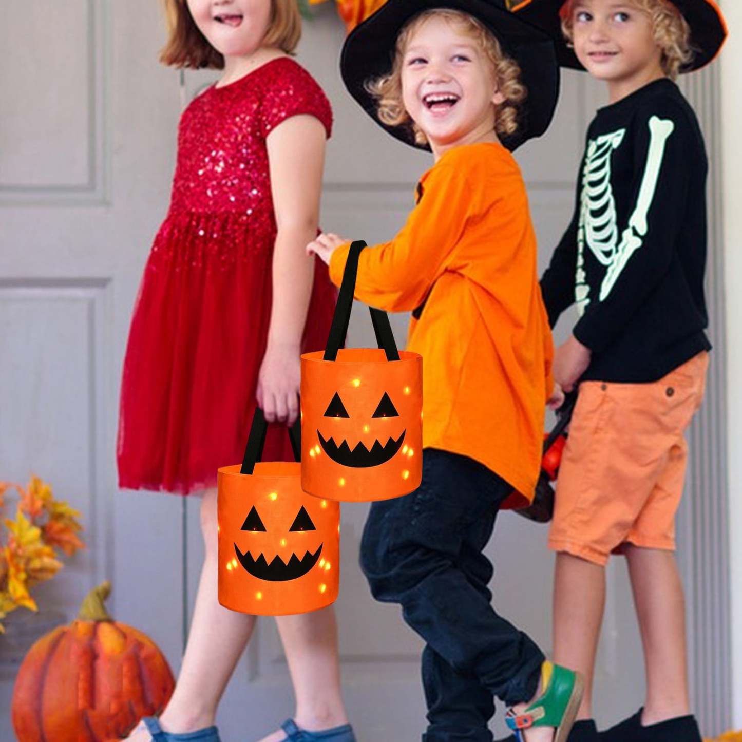 LSLJS Halloween Candy Bag,Trick or Treat Bucket,Pumpkin Design Candy Large Bags with LED Light Collapsible Ghost Multipurpose Reusable Halloween Basket for Kids Birthday Party Goodie Goody