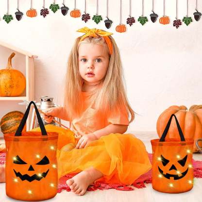 LSLJS Halloween Candy Bag,Trick or Treat Bucket,Pumpkin Design Candy Large Bags with LED Light Collapsible Ghost Multipurpose Reusable Halloween Basket for Kids Birthday Party Goodie Goody