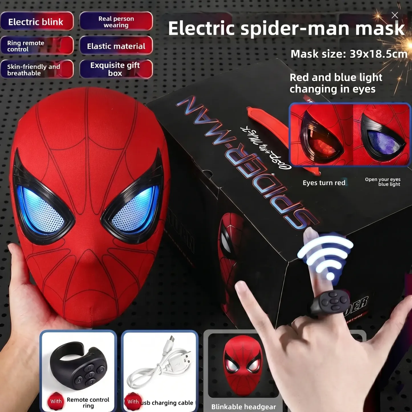 Spider-Man Hero Mask, featuring remote-controlled red and blue lights.