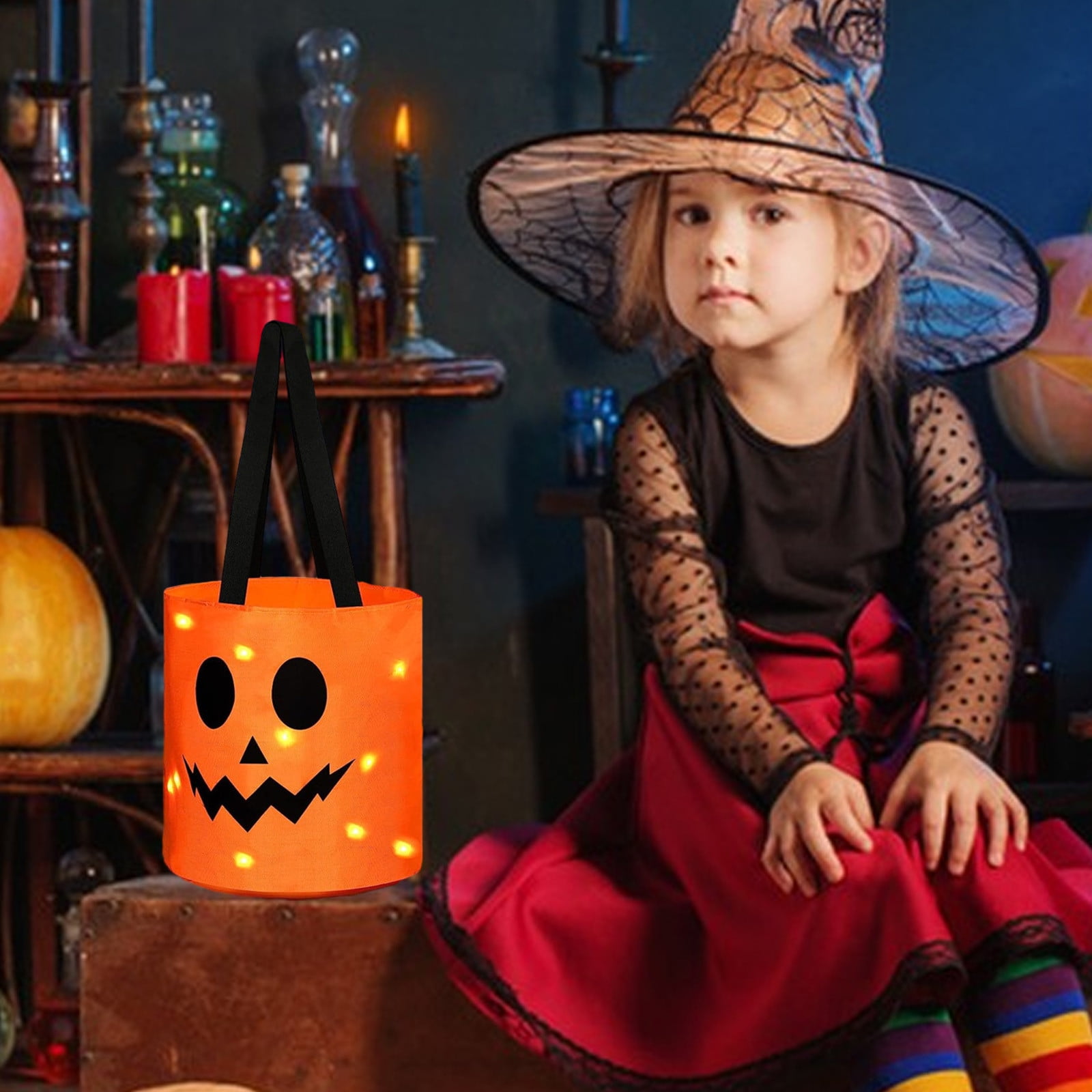 LSLJS Halloween Candy Bag,Trick or Treat Bucket,Pumpkin Design Candy Large Bags with LED Light Collapsible Ghost Multipurpose Reusable Halloween Basket for Kids Birthday Party Goodie Goody