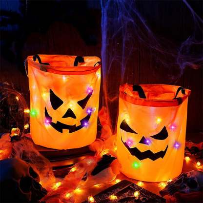 LSLJS Halloween Candy Bag,Trick or Treat Bucket,Pumpkin Design Candy Large Bags with LED Light Collapsible Ghost Multipurpose Reusable Halloween Basket for Kids Birthday Party Goodie Goody