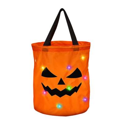 LSLJS Halloween Candy Bag,Trick or Treat Bucket,Pumpkin Design Candy Large Bags with LED Light Collapsible Ghost Multipurpose Reusable Halloween Basket for Kids Birthday Party Goodie Goody