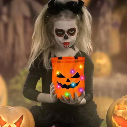 LSLJS Halloween Candy Bag,Trick or Treat Bucket,Pumpkin Design Candy Large Bags with LED Light Collapsible Ghost Multipurpose Reusable Halloween Basket for Kids Birthday Party Goodie Goody