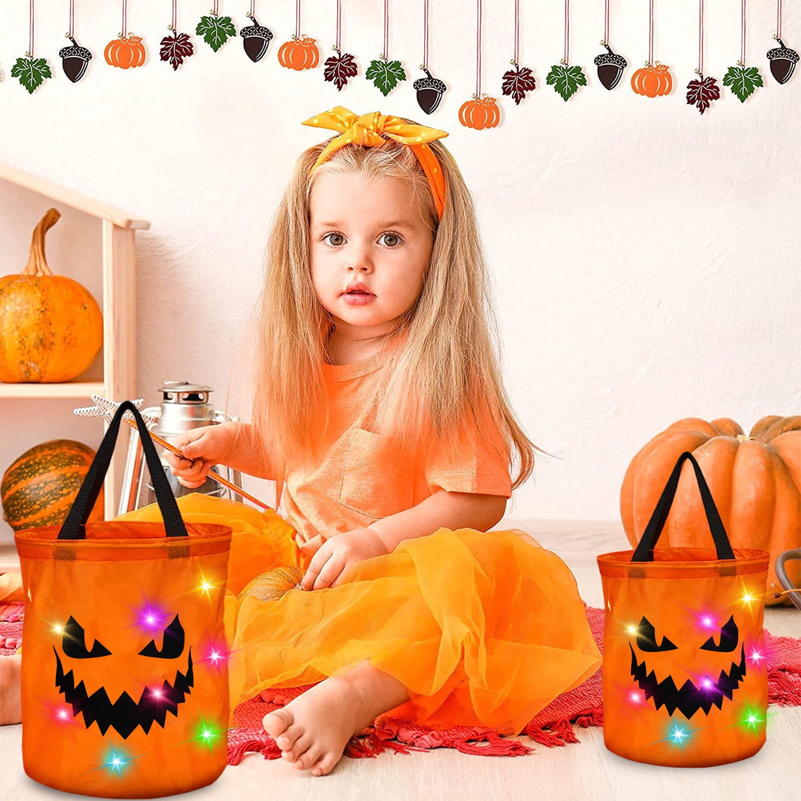 LSLJS Halloween Candy Bag,Trick or Treat Bucket,Pumpkin Design Candy Large Bags with LED Light Collapsible Ghost Multipurpose Reusable Halloween Basket for Kids Birthday Party Goodie Goody