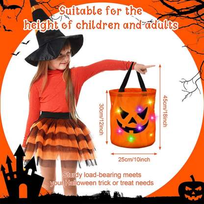 LSLJS Halloween Candy Bag,Trick or Treat Bucket,Pumpkin Design Candy Large Bags with LED Light Collapsible Ghost Multipurpose Reusable Halloween Basket for Kids Birthday Party Goodie Goody