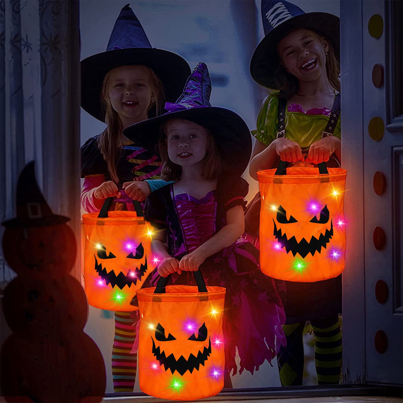 LSLJS Halloween Candy Bag,Trick or Treat Bucket,Pumpkin Design Candy Large Bags with LED Light Collapsible Ghost Multipurpose Reusable Halloween Basket for Kids Birthday Party Goodie Goody