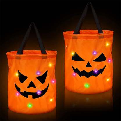 LSLJS Halloween Candy Bag,Trick or Treat Bucket,Pumpkin Design Candy Large Bags with LED Light Collapsible Ghost Multipurpose Reusable Halloween Basket for Kids Birthday Party Goodie Goody