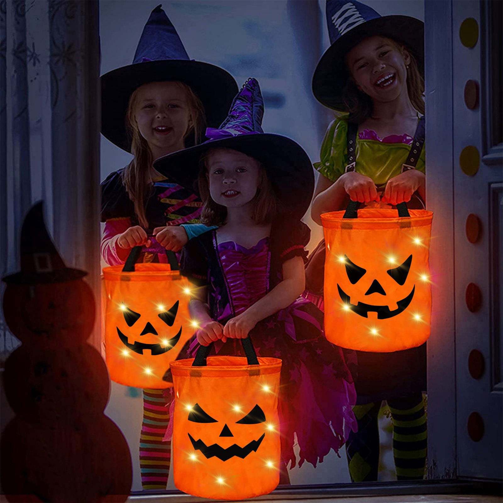 LSLJS Halloween Candy Bag,Trick or Treat Bucket,Pumpkin Design Candy Large Bags with LED Light Collapsible Ghost Multipurpose Reusable Halloween Basket for Kids Birthday Party Goodie Goody