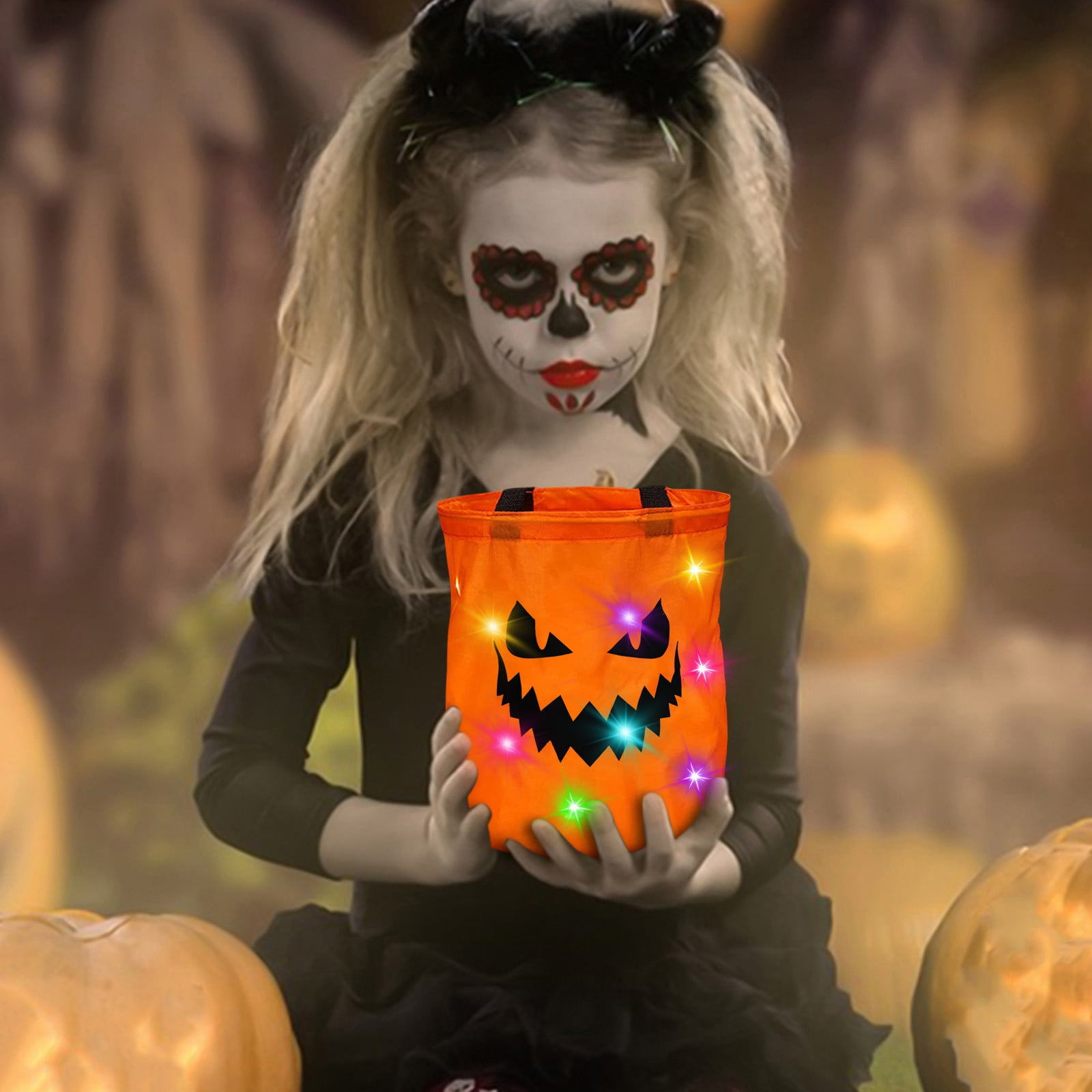 LSLJS Halloween Candy Bag,Trick or Treat Bucket,Pumpkin Design Candy Large Bags with LED Light Collapsible Ghost Multipurpose Reusable Halloween Basket for Kids Birthday Party Goodie Goody