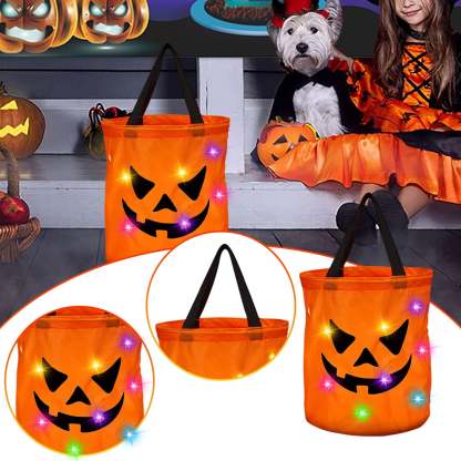 LSLJS Halloween Candy Bag,Trick or Treat Bucket,Pumpkin Design Candy Large Bags with LED Light Collapsible Ghost Multipurpose Reusable Halloween Basket for Kids Birthday Party Goodie Goody