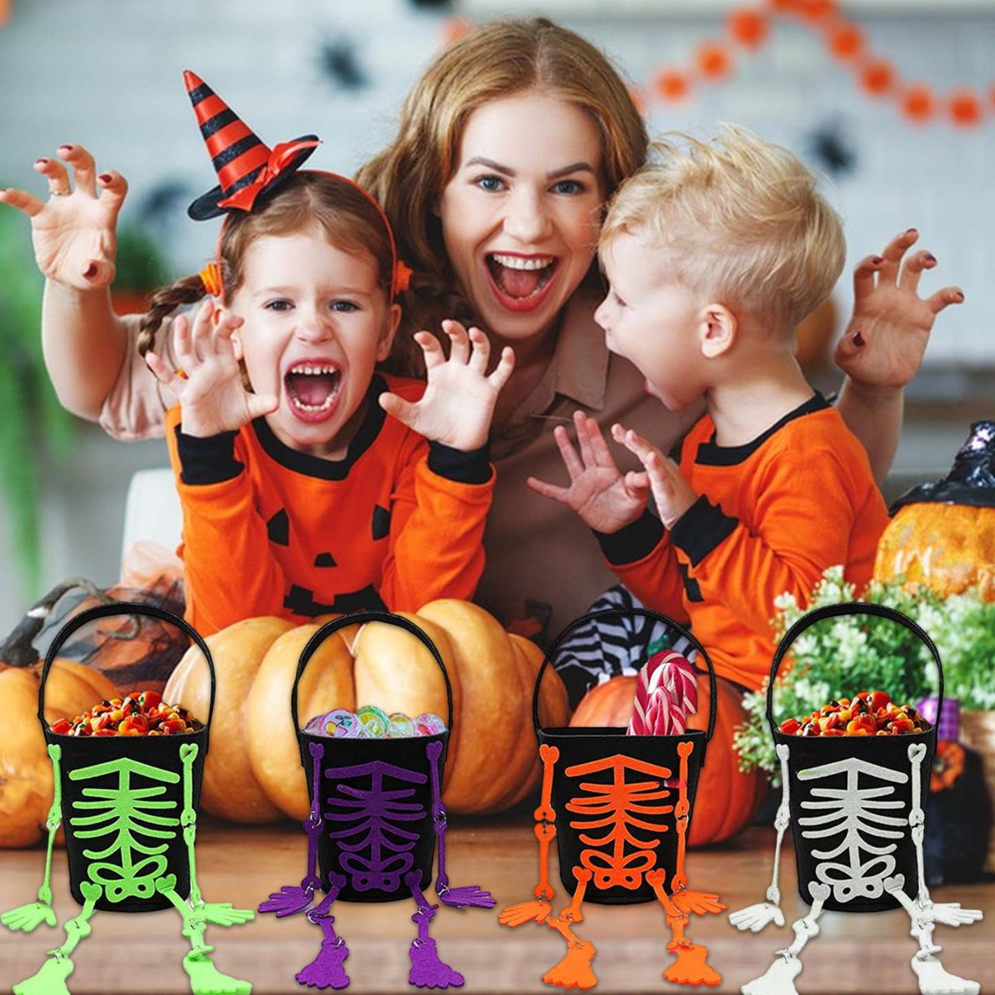 LSLJS Halloween Candy Bag,Trick or Treat Bucket,Pumpkin Design Candy Large Bags with LED Light Collapsible Ghost Multipurpose Reusable Halloween Basket for Kids Birthday Party Goodie Goody