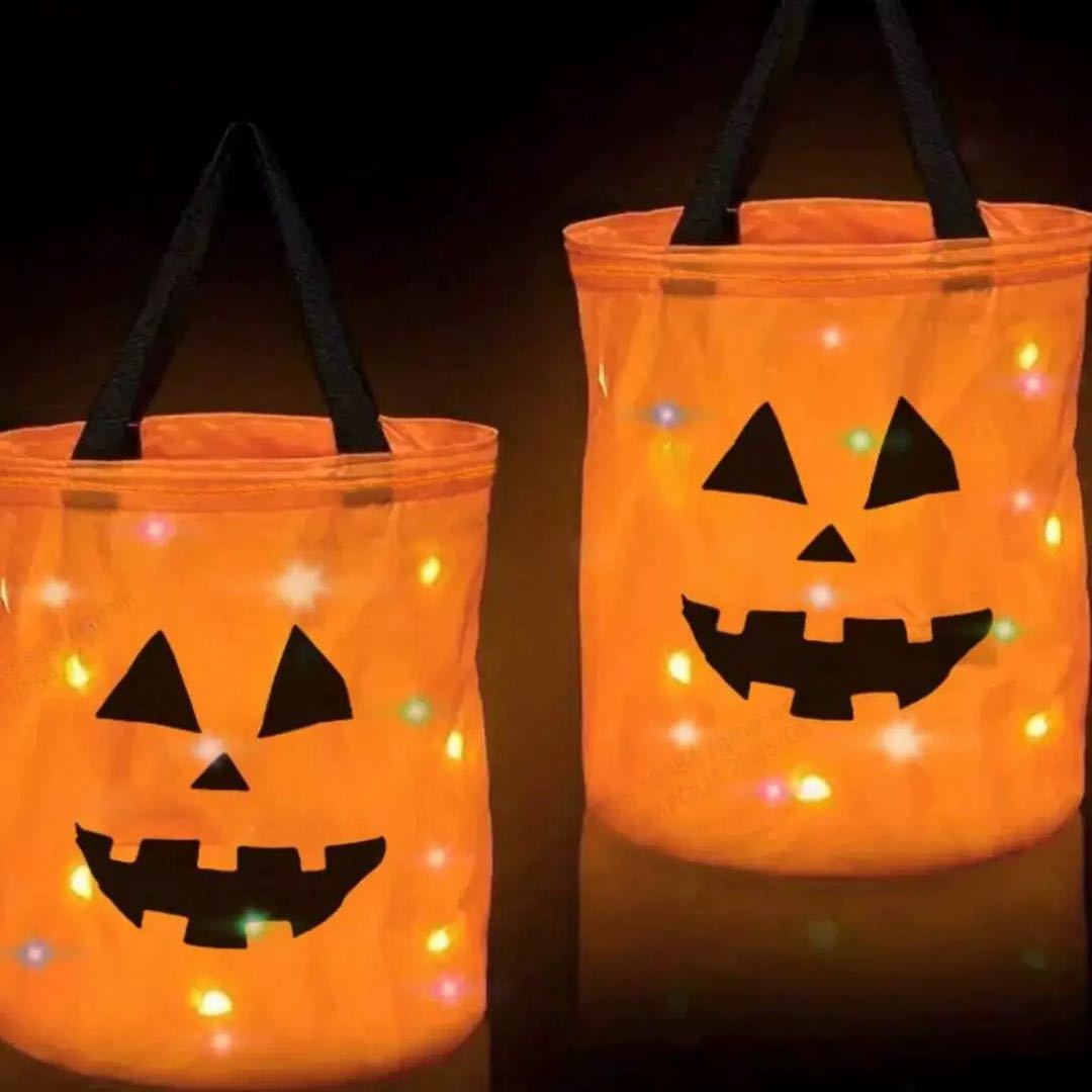 LSLJS Halloween Candy Bag,Trick or Treat Bucket,Pumpkin Design Candy Large Bags with LED Light Collapsible Ghost Multipurpose Reusable Halloween Basket for Kids Birthday Party Goodie Goody