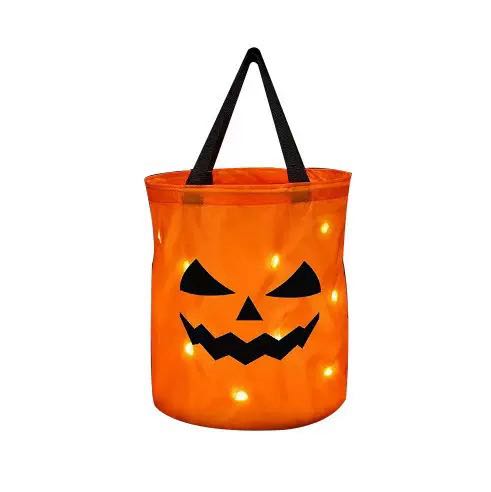 LSLJS Halloween Candy Bag,Trick or Treat Bucket,Pumpkin Design Candy Large Bags with LED Light Collapsible Ghost Multipurpose Reusable Halloween Basket for Kids Birthday Party Goodie Goody
