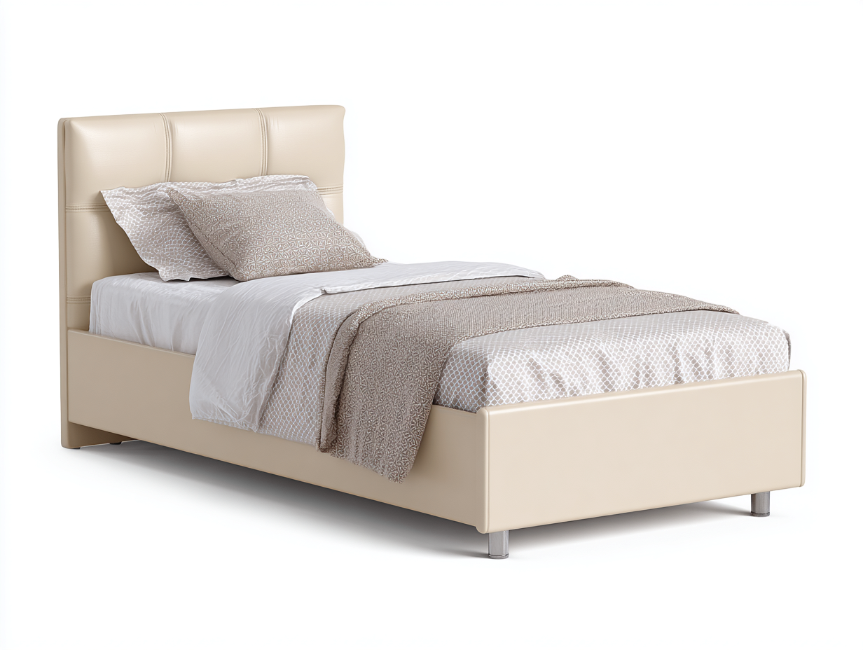 Letto singolo-pelle sintetica-legno-199x95x91 cm-beige-design moderno-Craftmyyard