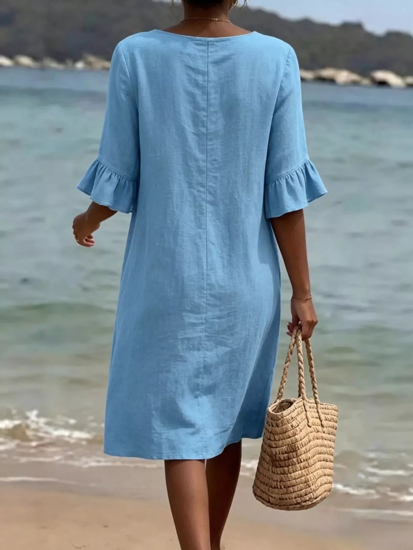 Full Size Button Decor Flounce Sleeve Cotton Linen Dress Plus Size