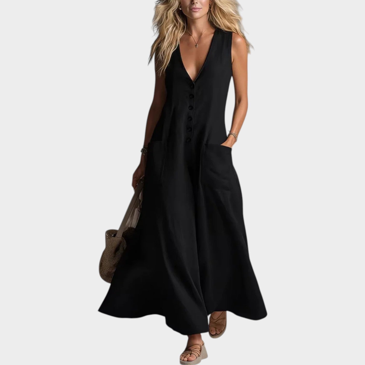 Sleeveless Button-Front Maxi Dress