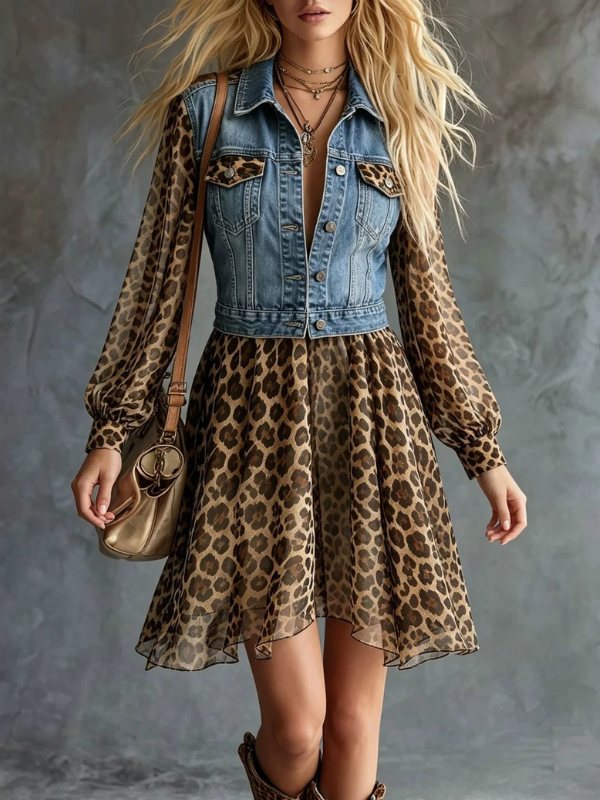 Women's Leopard-print Denim and Chiffon Paneling Dress