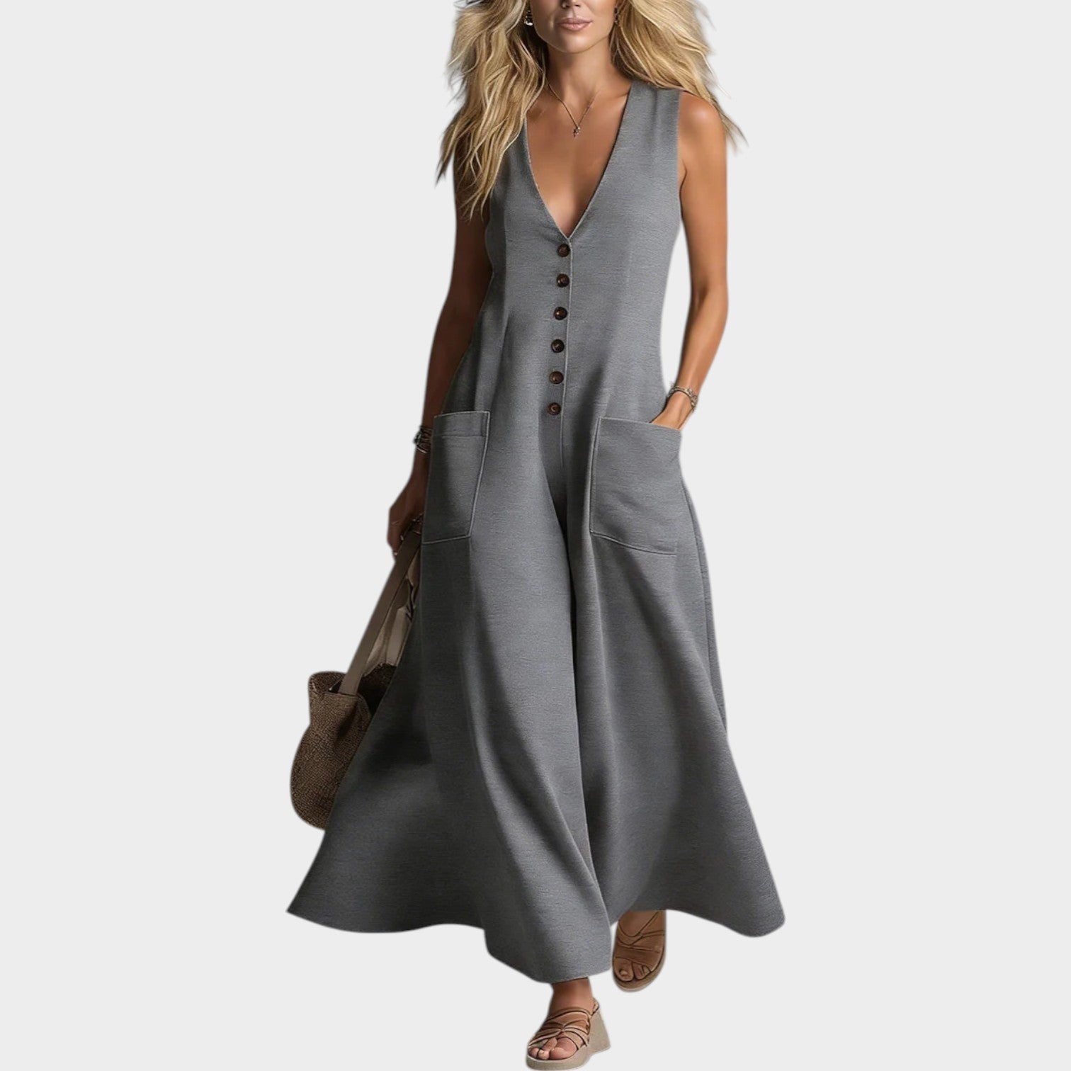 Sleeveless Button-Front Maxi Dress