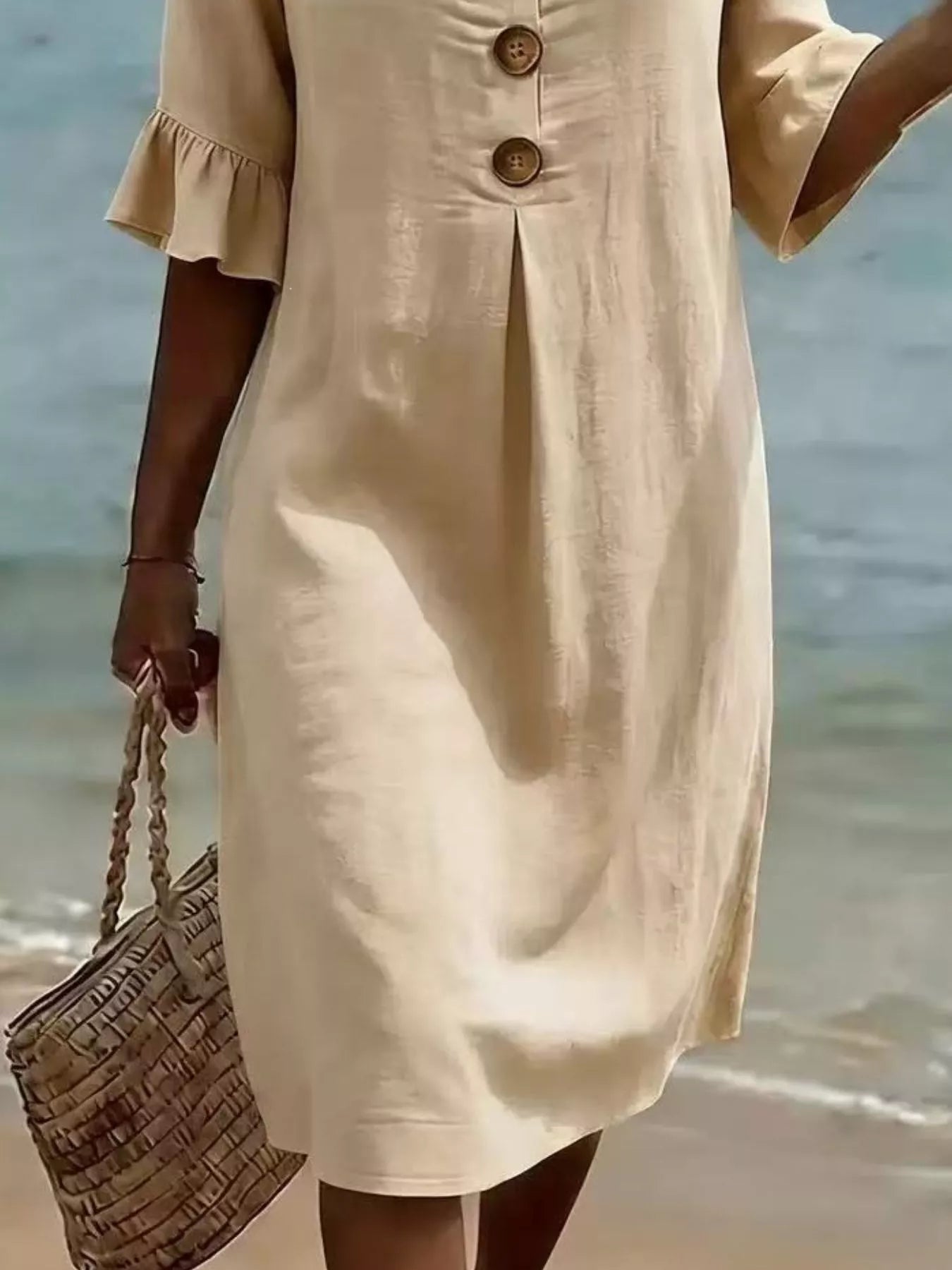 Full Size Button Decor Flounce Sleeve Cotton Linen Dress Plus Size