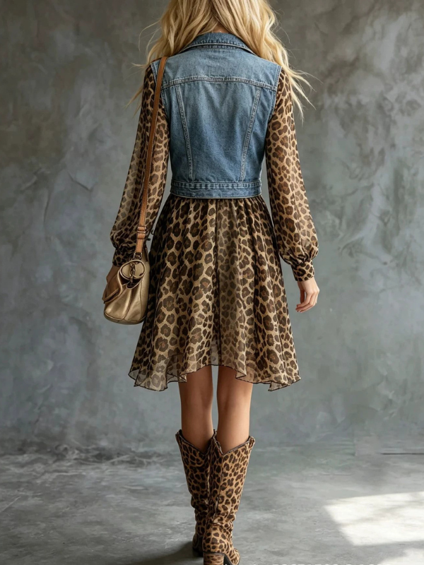 Women's Leopard-print Denim and Chiffon Paneling Dress