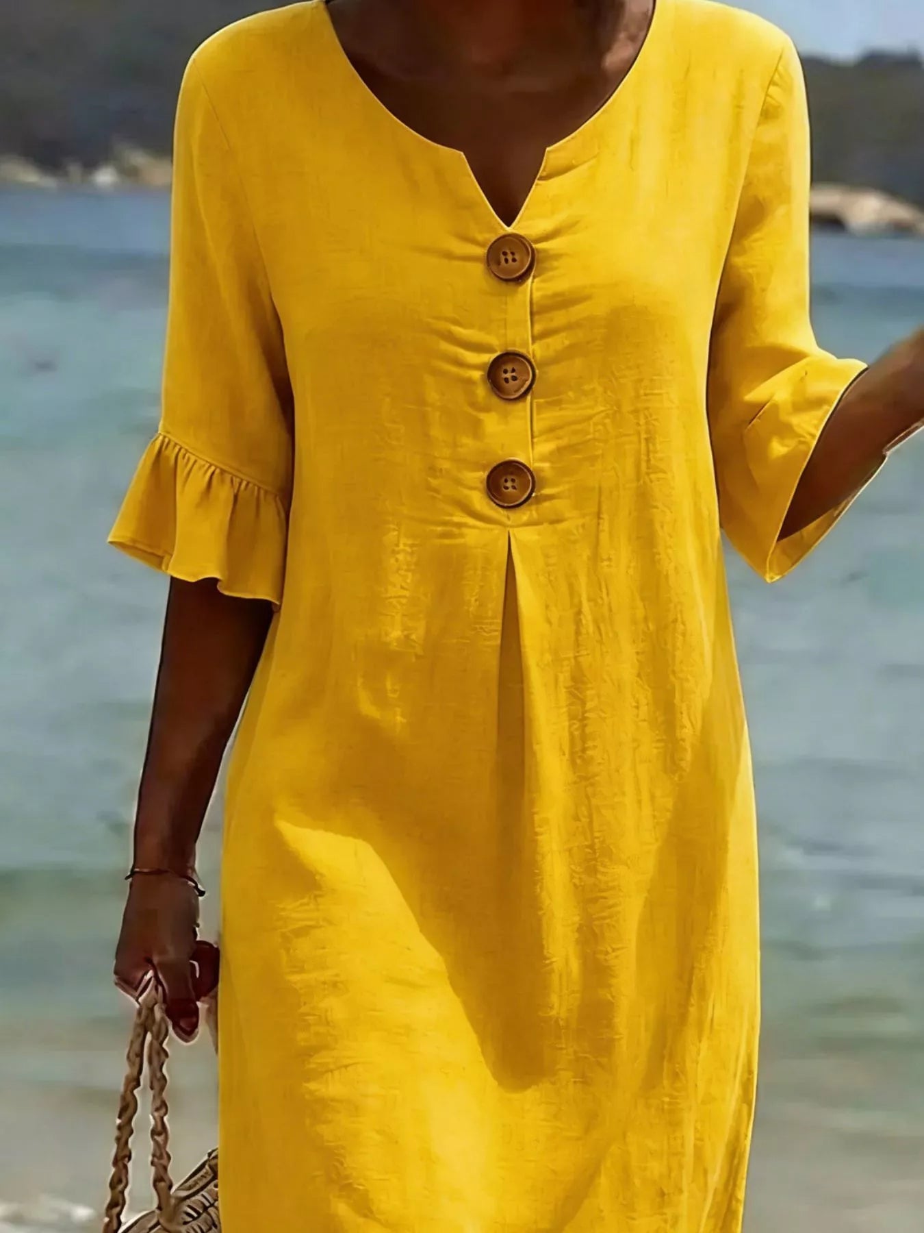 Full Size Button Decor Flounce Sleeve Cotton Linen Dress Plus Size