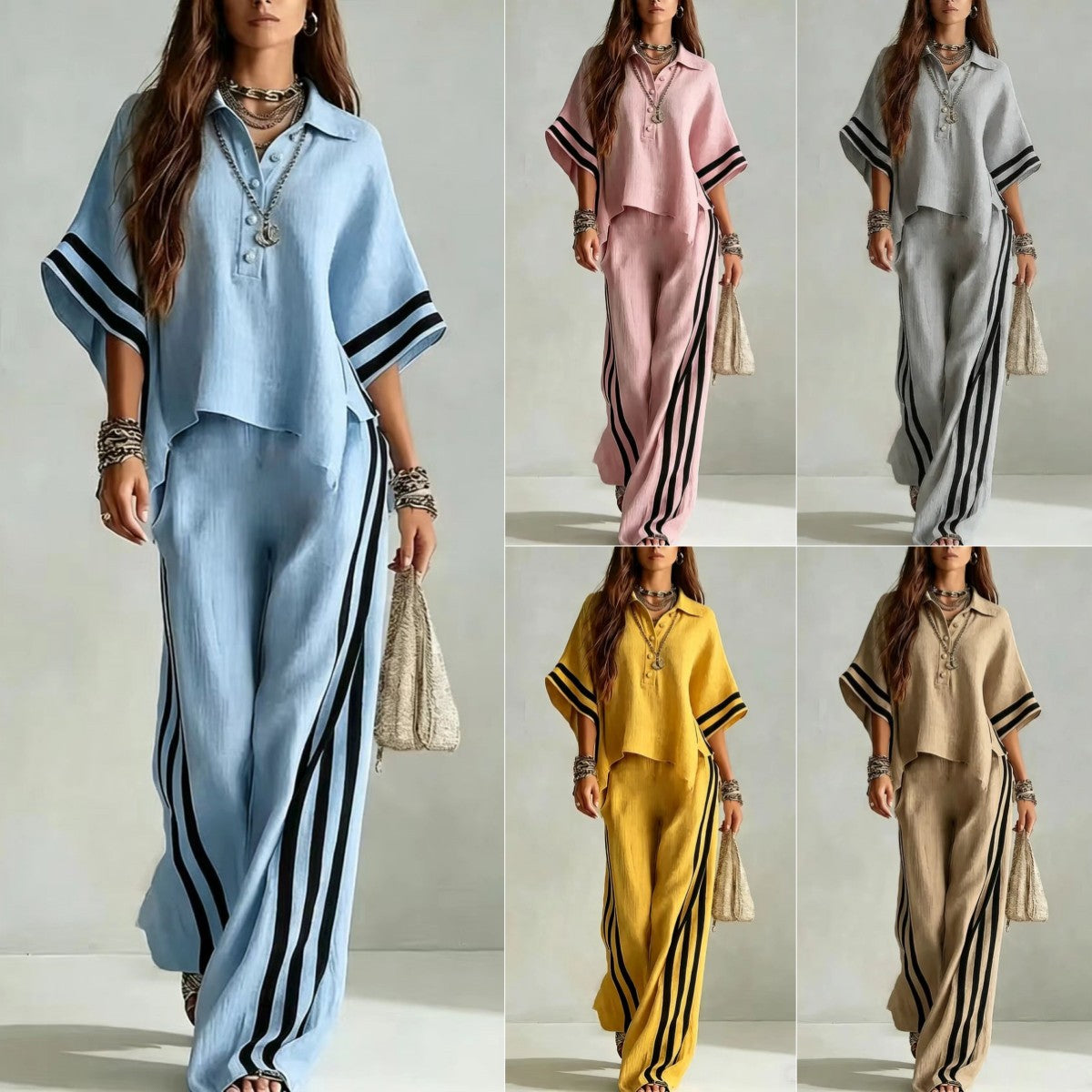 Womens Cotton Linen Short-Sleeve Shirt And Loose Pants Two-Piece Set