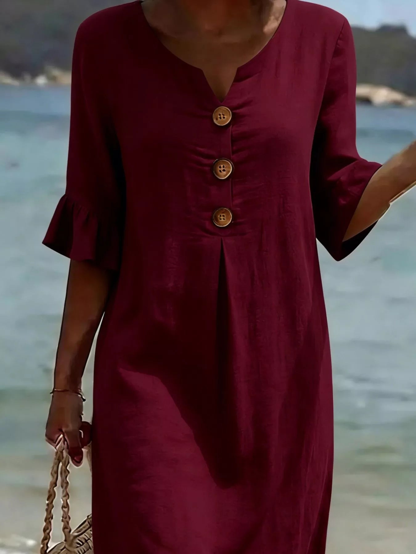 Full Size Button Decor Flounce Sleeve Cotton Linen Dress Plus Size