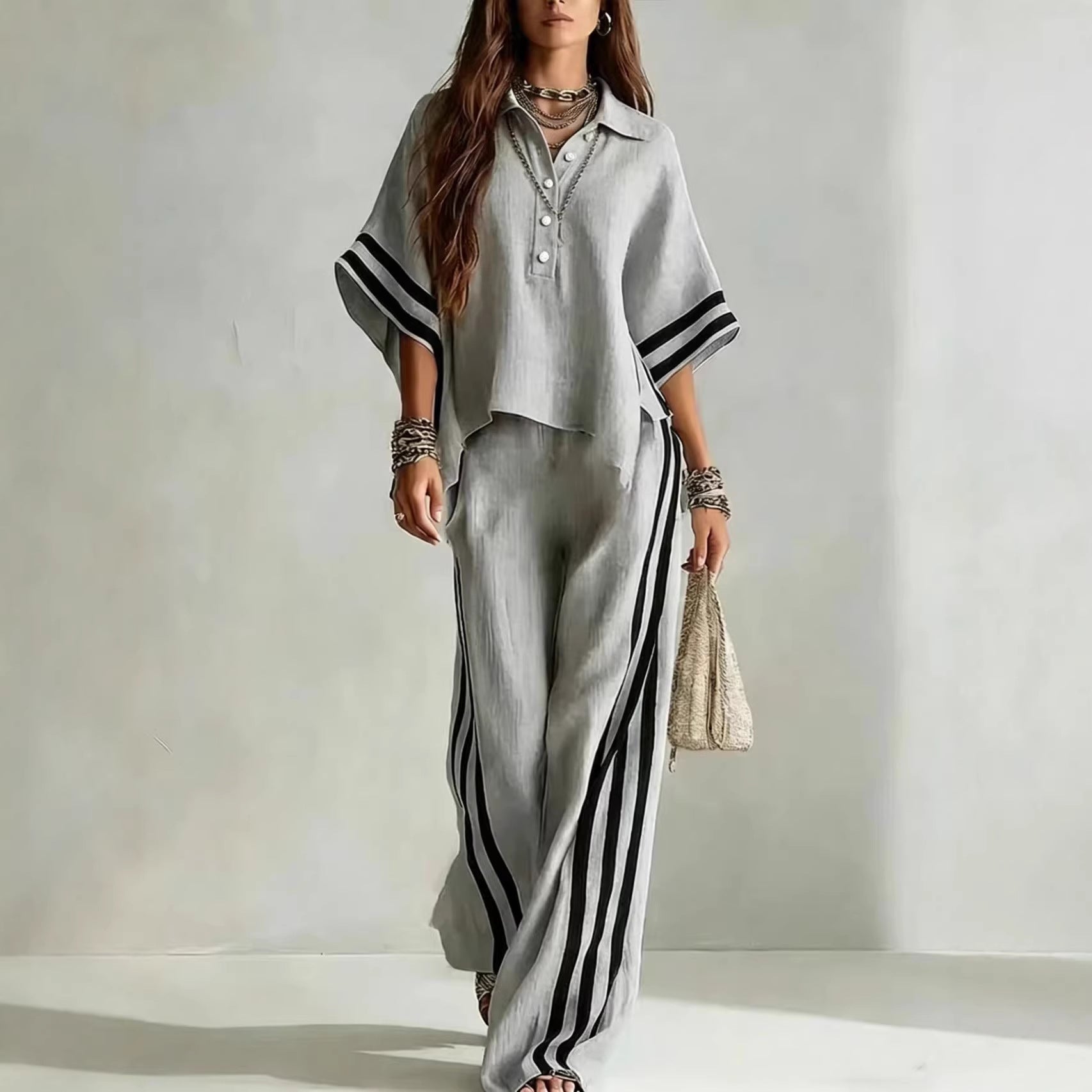 Womens Cotton Linen Short-Sleeve Shirt And Loose Pants Two-Piece Set