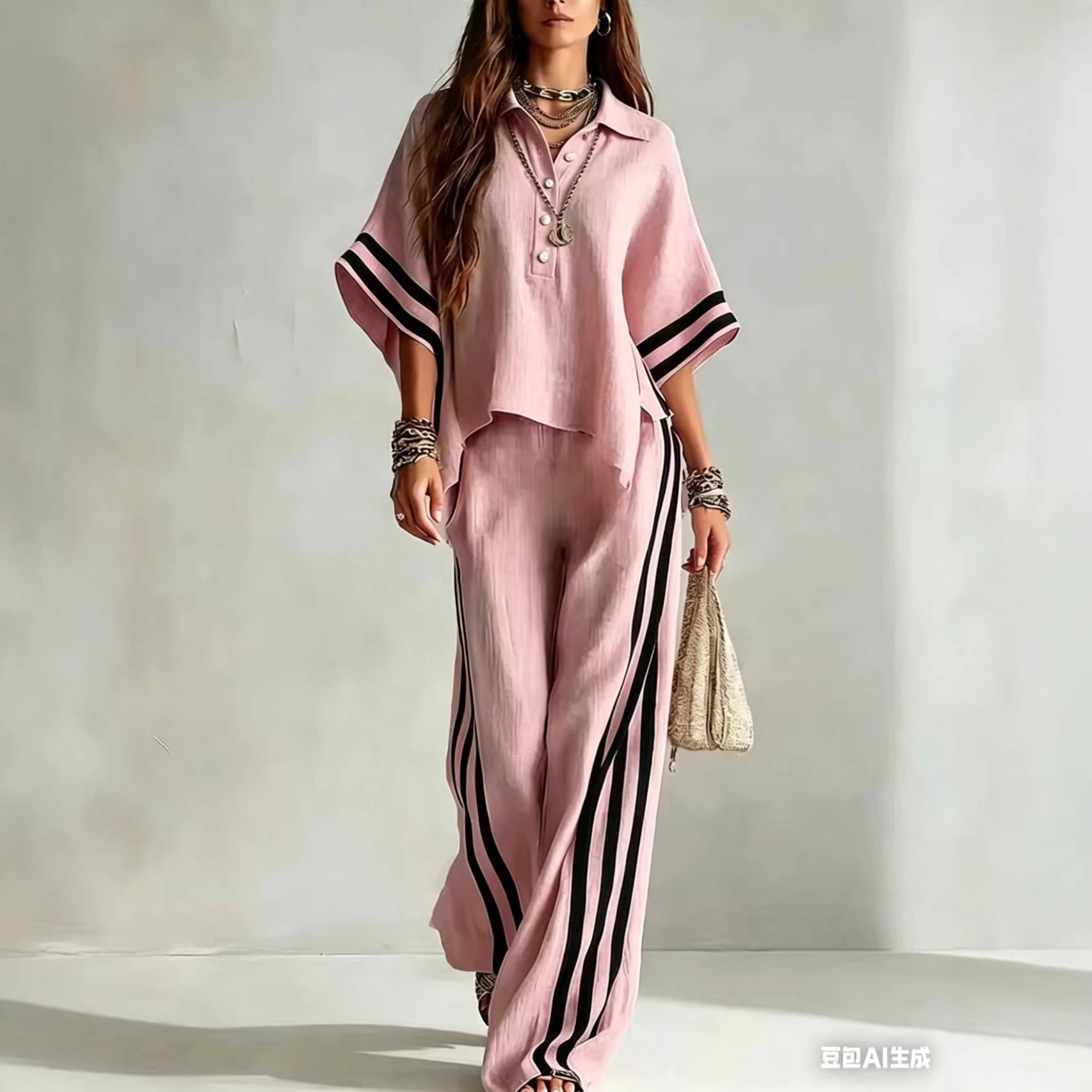 Womens Cotton Linen Short-Sleeve Shirt And Loose Pants Two-Piece Set