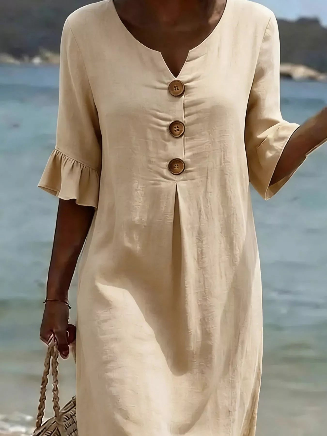 Full Size Button Decor Flounce Sleeve Cotton Linen Dress Plus Size