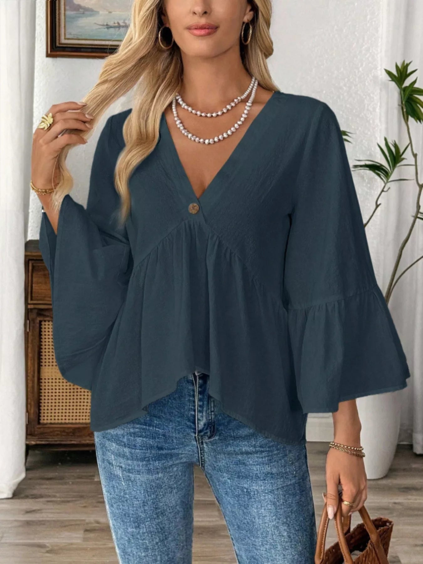 V-Neck Bell Sleeve Blouse