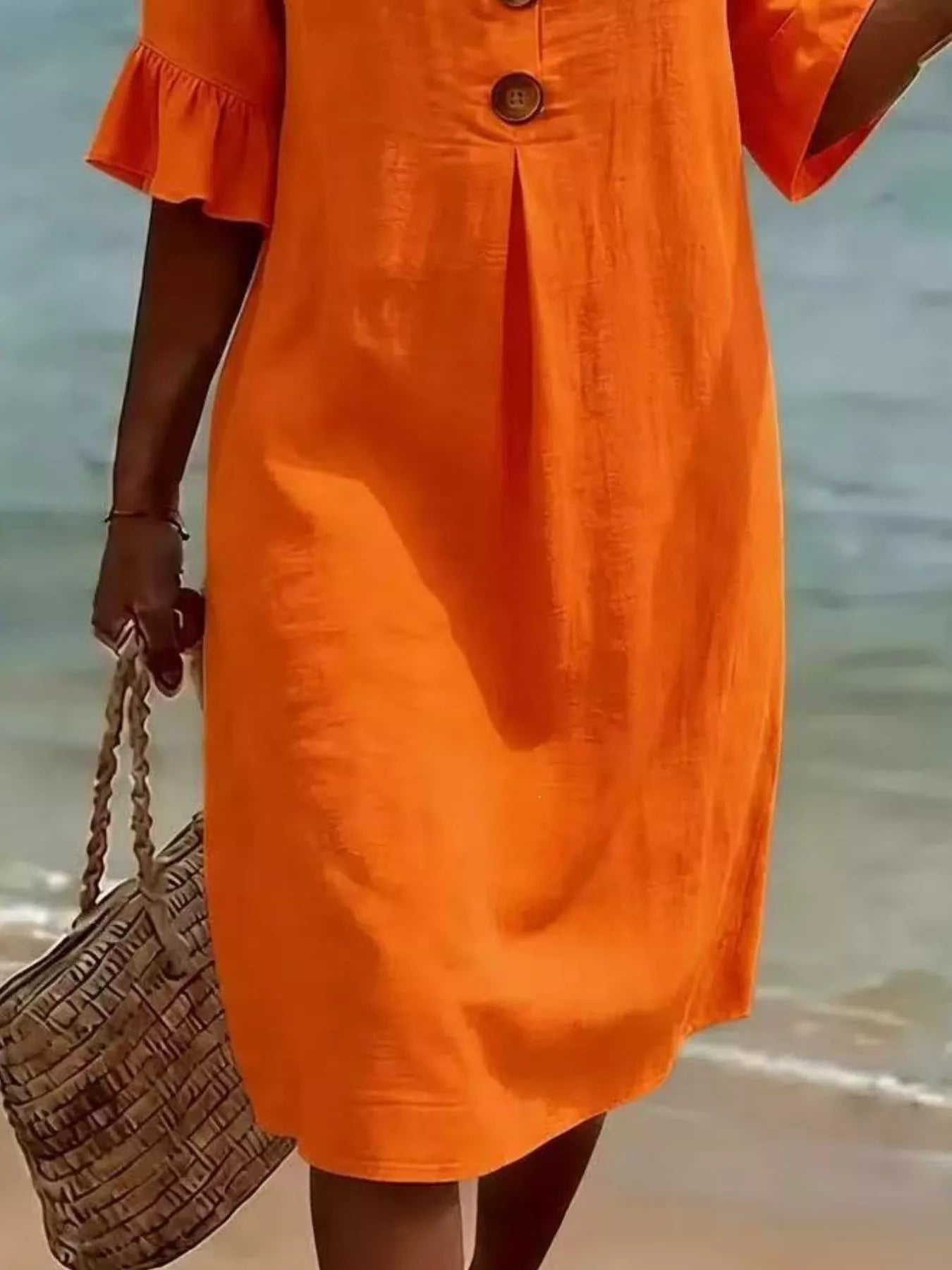 Full Size Button Decor Flounce Sleeve Cotton Linen Dress Plus Size