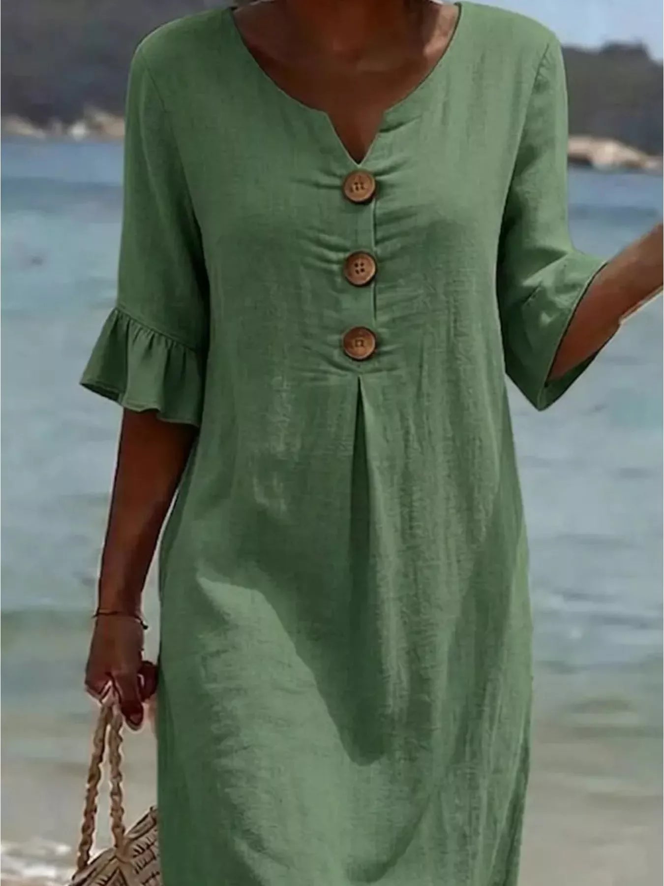 Full Size Button Decor Flounce Sleeve Cotton Linen Dress Plus Size
