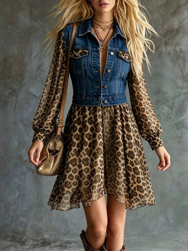 Women's Leopard-print Denim and Chiffon Paneling Dress